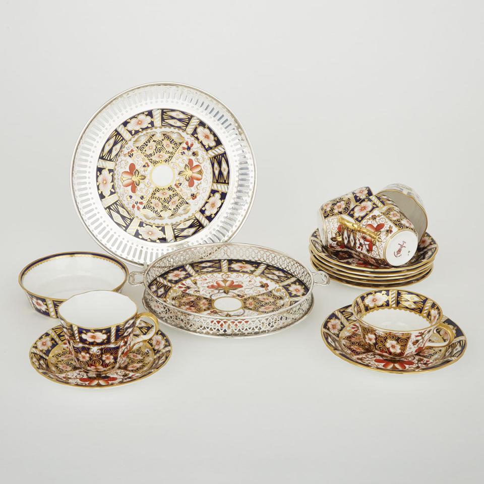 Two Silver-Mounted Royal Crown Derby Imari (2451) Pattern Plates, Small Dish, Five Cups and Seven Saucers, 20th century