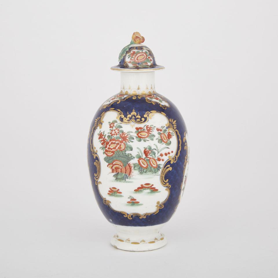 Worcester Blue Scale Ground Chrysanthemum Panels Tea Canister with Cover, c.1770