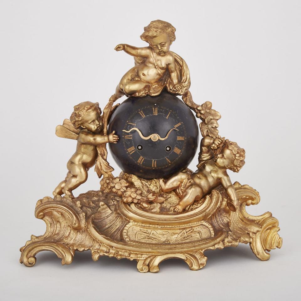 Fench Belle Époque Gilt and Bronze Patinated Metal Mantle Clock, c.1870