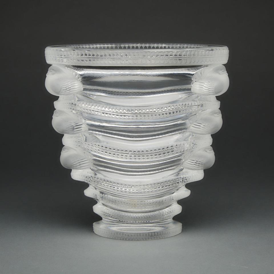 ‘Saint Marc’, Lalique Moulded and Partly Frosted Glass Vase, post-1945
