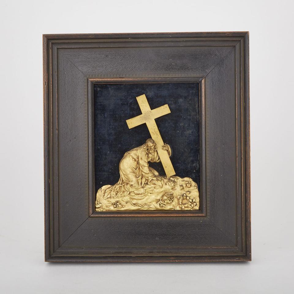 French Gilt Bronze Silhouette High Relief Panel of Christ Carrying the Cross, 19th century