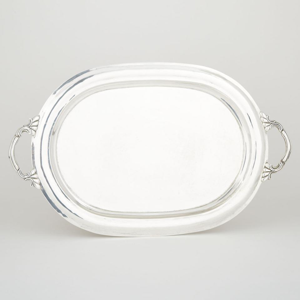 Mexican Silver Two-Handled Serving Tray, Sanborns, mid-20th century 