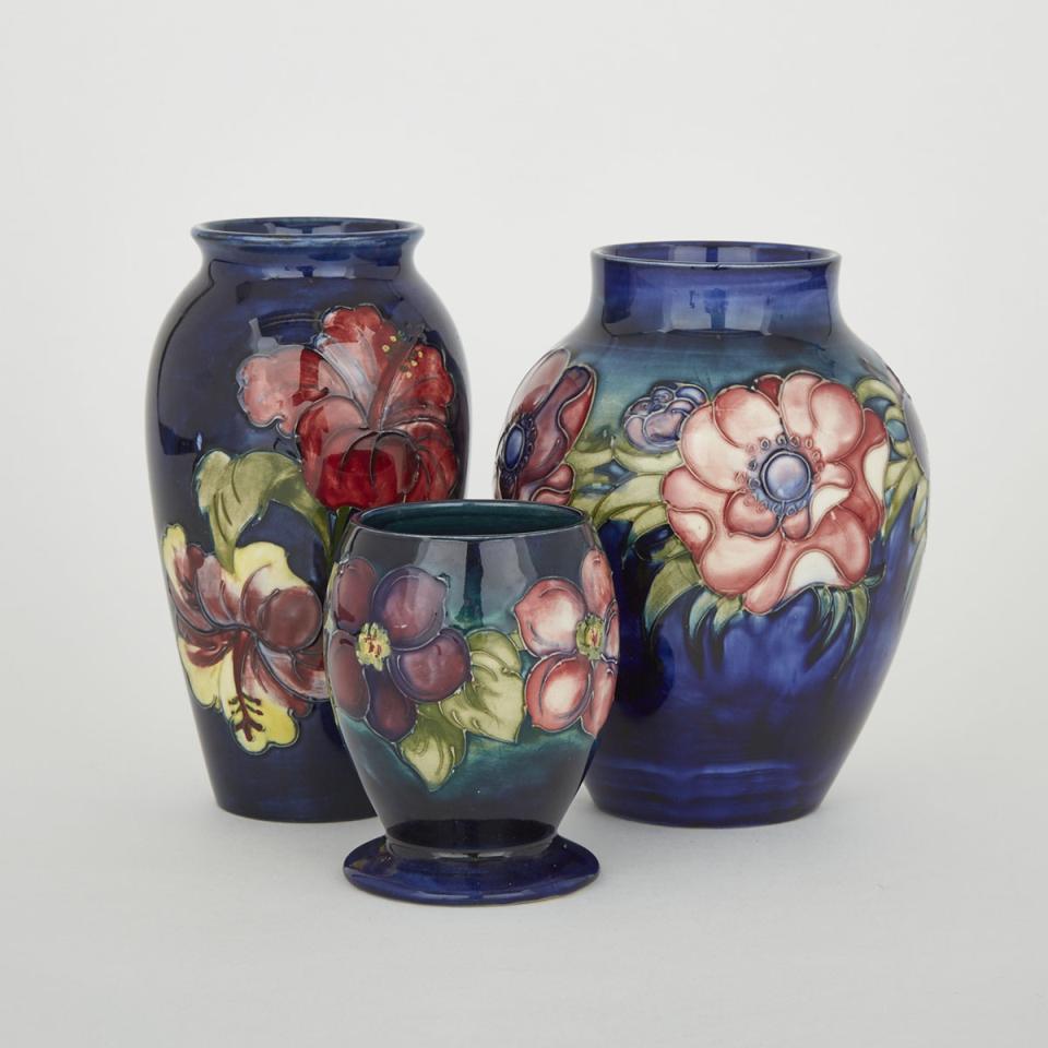 Three Moorcroft Anemone, Hibiscus and Clematis Vases, c.1960-70