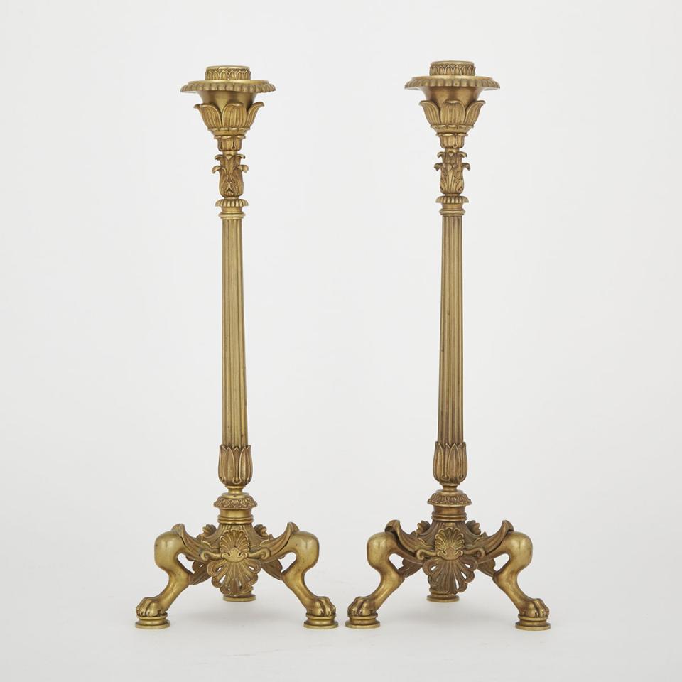 Pair of French Empire Gilt Bronze Candlesticks, 19th century 