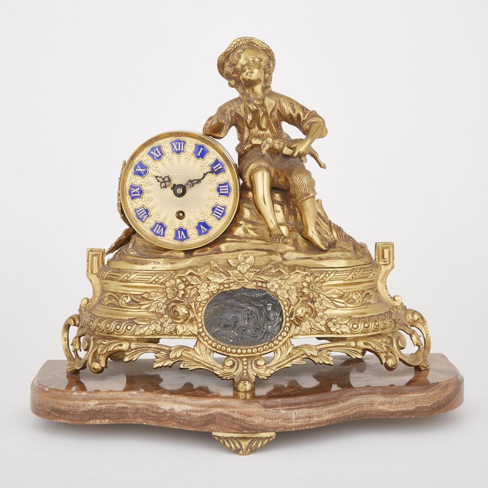 French Style Gilt Brass Figural Mantel Clock, mid 20th century
