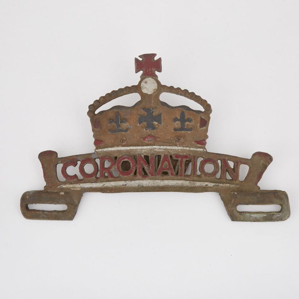 George VI Coronation Painted Cast Iron Automobile License Plate Mount, 1937