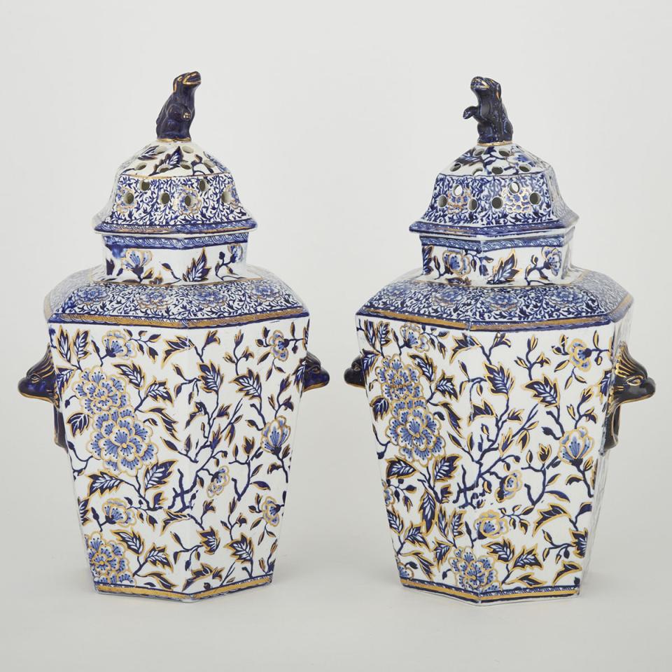 Pair of English Ironstone Hexagonal Potpourri Vases, possibly Mason's, 19th century 