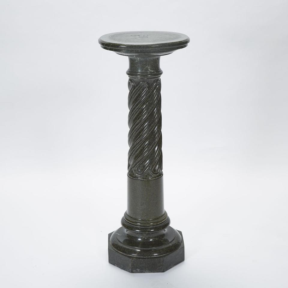 Italian Turned Green Granite Column Form Pedestal, c.1900