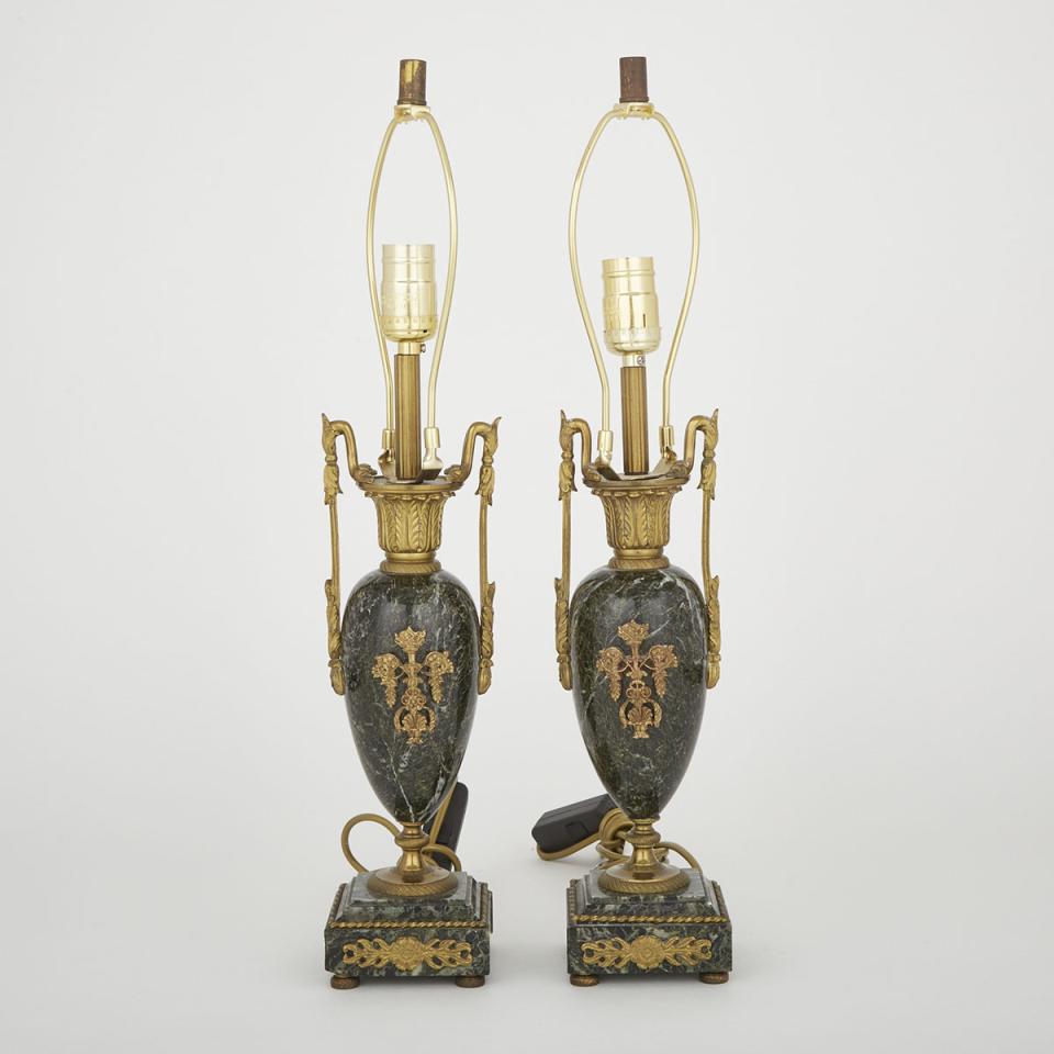 Pair of French Ormolu Mounted Verde Antique Marble Urn Form Table Lamps, early 20th century