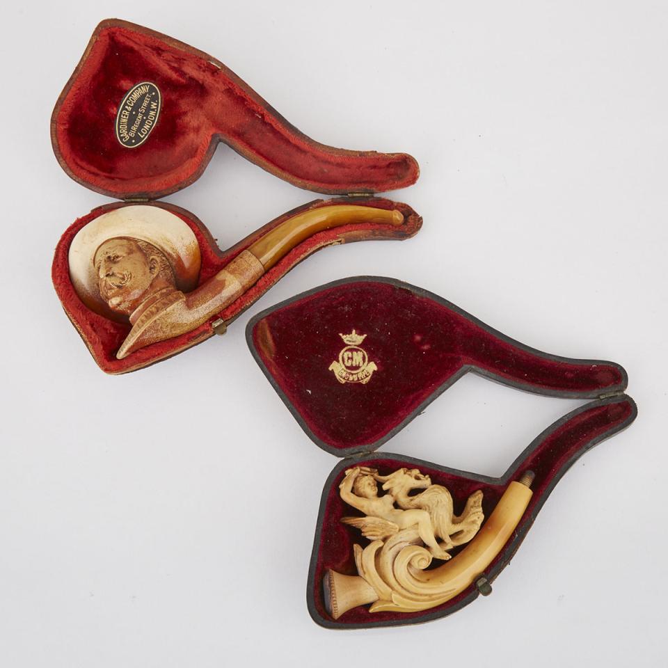 Meerschaum Character Pipe, General George Armstrong Custer, and a Mythologically Carved Cheroot Holder, 19th century