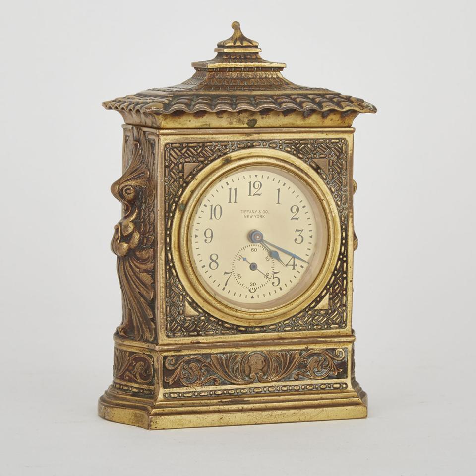 Tiffany Studios New York “Spanish Pattern’ Gilt Bronze Table/Desk Clock, early 20th century
