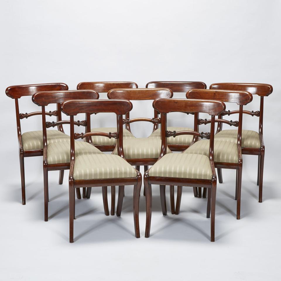 Set of Nine Victorian Mahogany Sabre Leg Dining Chairs, mid 19th century