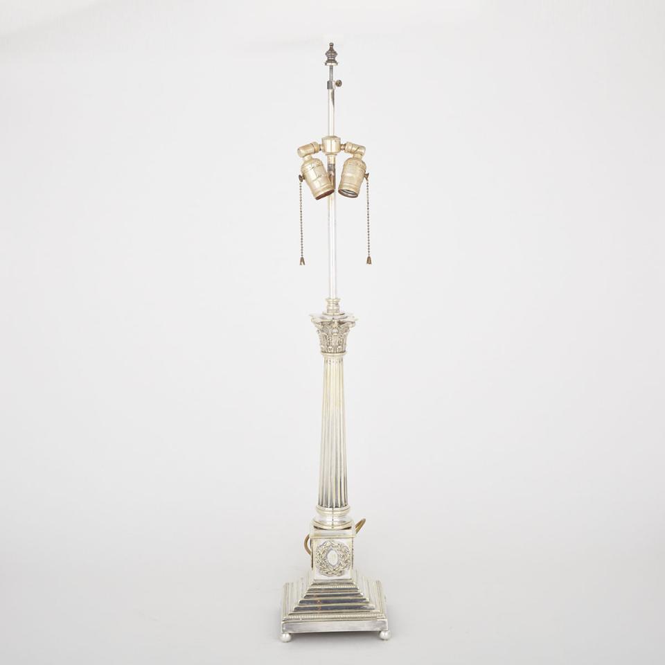 English Silver Plate Column Form Table Lamp, 19th century