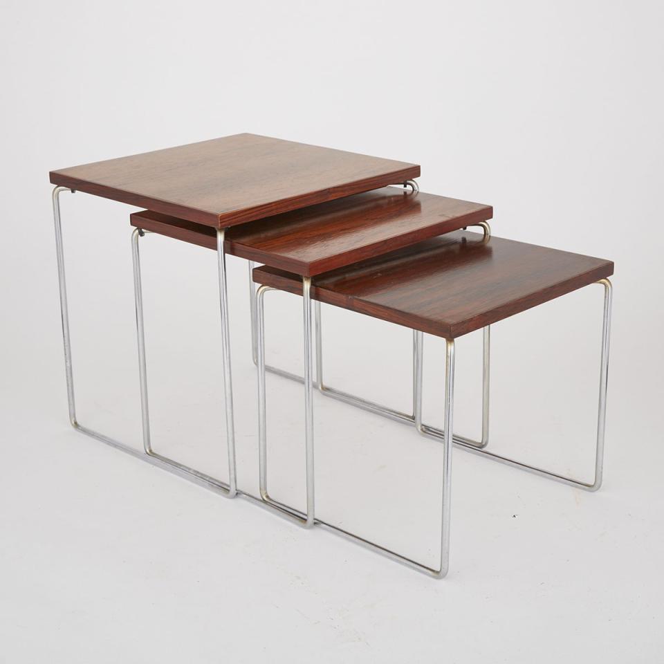Set of Three Contemporary Graduated Rosewood and Chrome Nesting Tables, mid 20th century