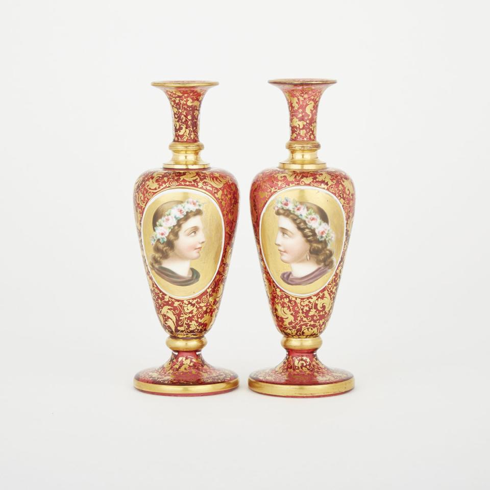 Pair of Bohemian Overlaid Red and Gilt Glass Enameled Portrait Vases, late 19th century