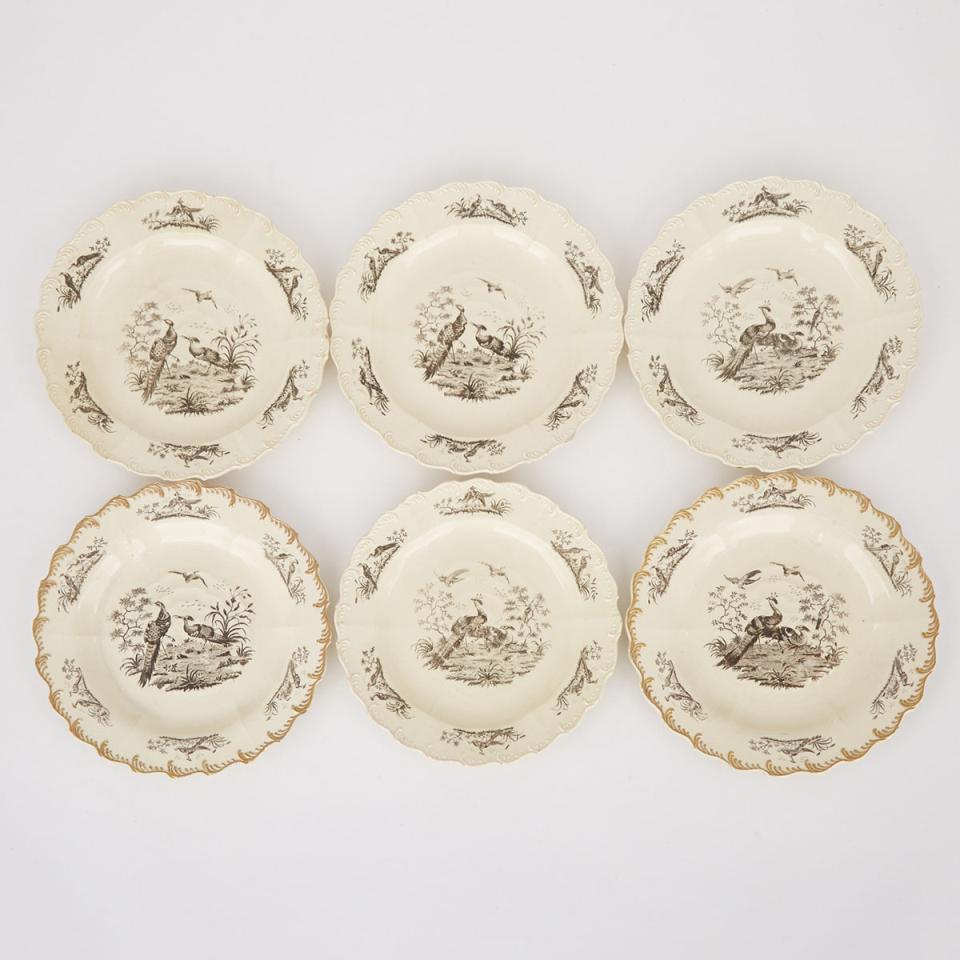 Six English Moulded Creamware ‘Liverpool Birds’ Plates, late 18th century 