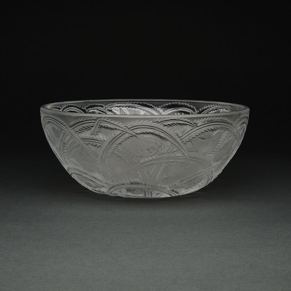 ‘Pinsons’, Lalique Moulded and Partly Frosted Glass Bowl, post-1978