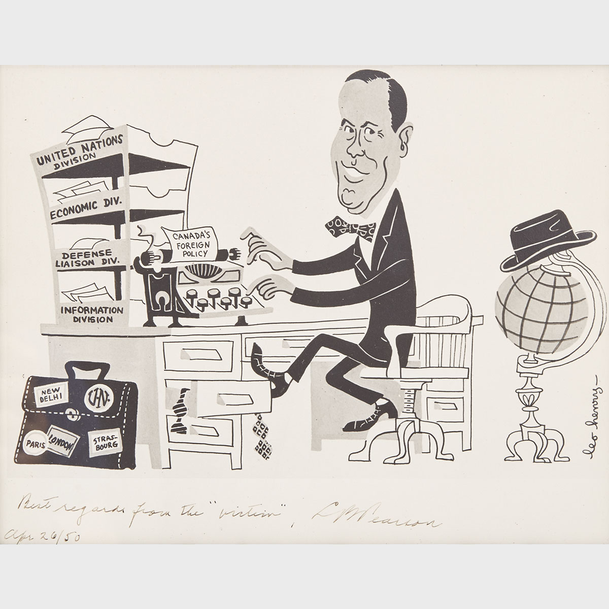 Lester B. ‘Mike’ Pearson Signed Political Cartoon by Leo Henry, 1950