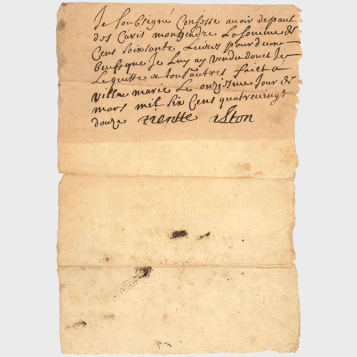 Etienette Alton Hurtubise (1638, La Fléche, France-1722, Montreal, Canada) Receipt, 1692