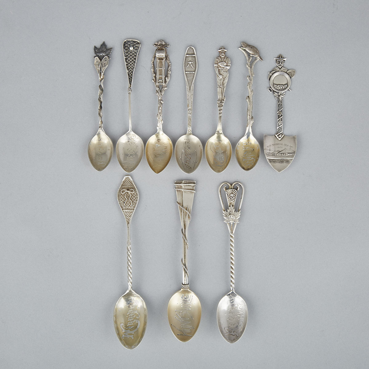 Ten Canadian Silver Novelty Souvenir Spoons, early 20th century