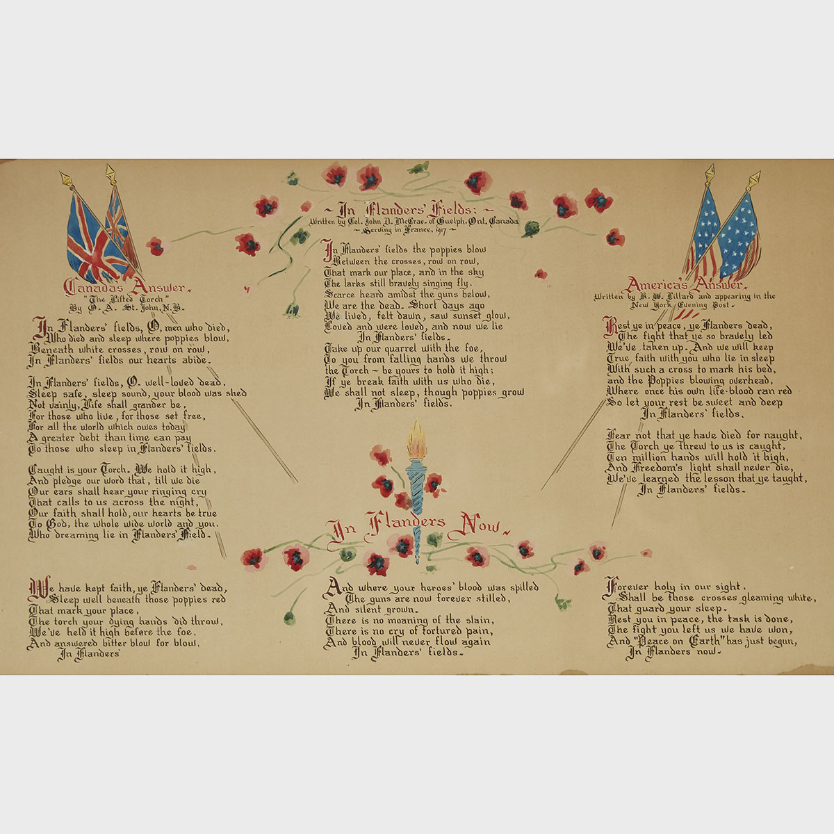 Four Calligraphic World War I Poems: In Flanders Fields by John McCrae; Canada’s Answer; America’s Answer; and In Flanders Now, 1917-8