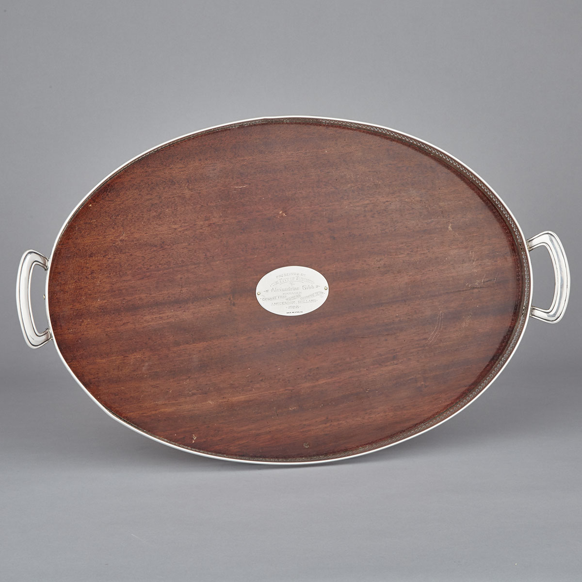 Canadian Silver Mounted Mahogany Oval Serving Tray, Roden Bros., Toronto, Ont., c.1928
