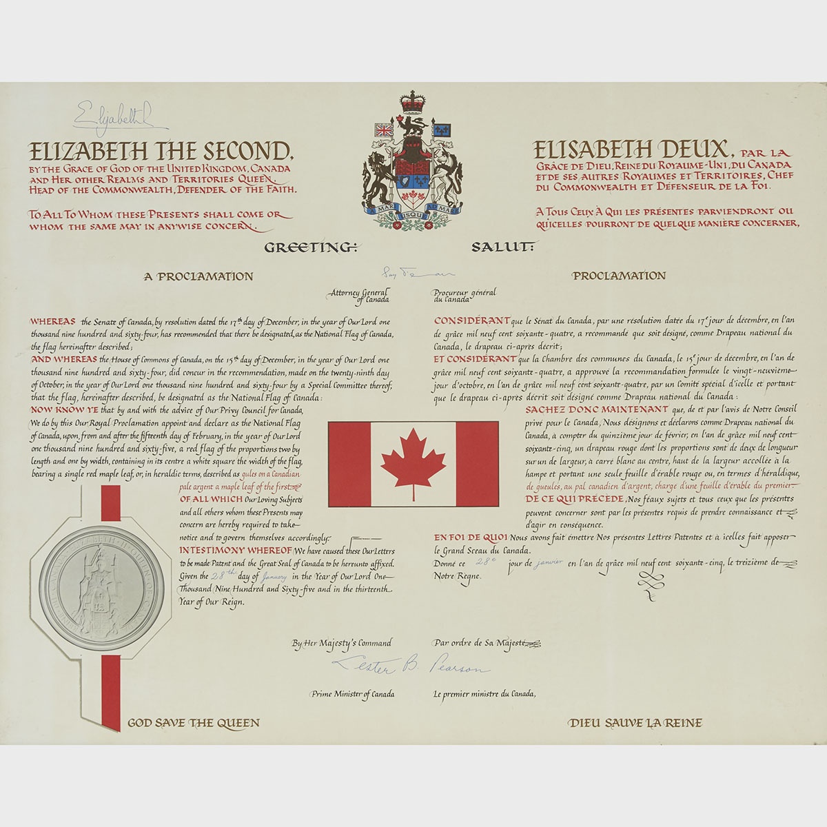 Commemorative Print of The National Flag of Canada Royal Proclamation, 1965
