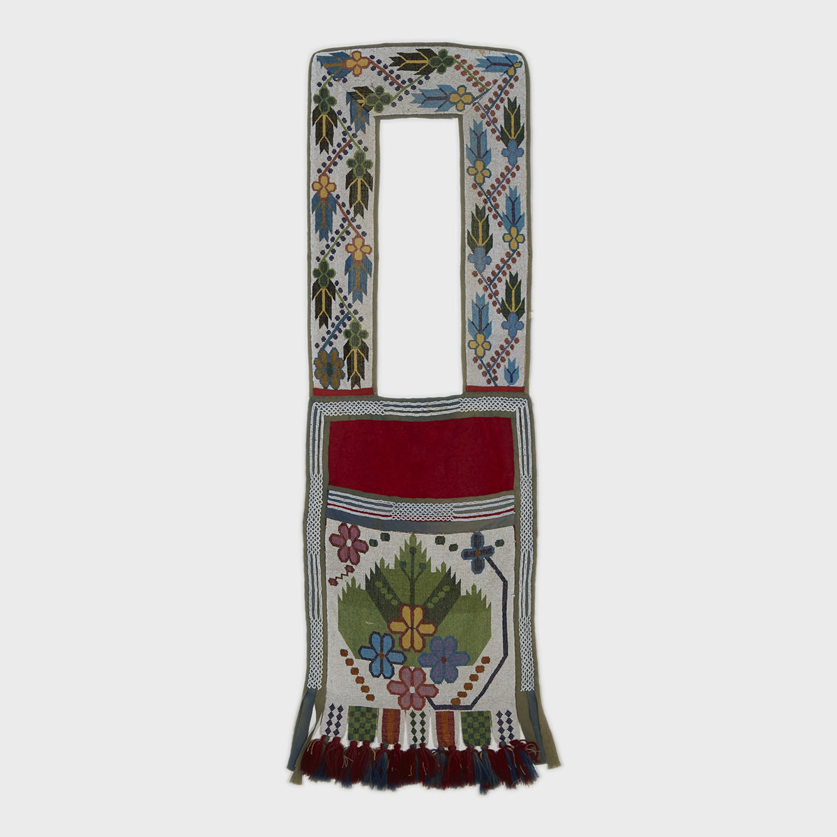 Ojibwa or Pottawatomie Beaded Wool Bandolier Bag, Eastern Woodlands, late 19th/early 20th  century