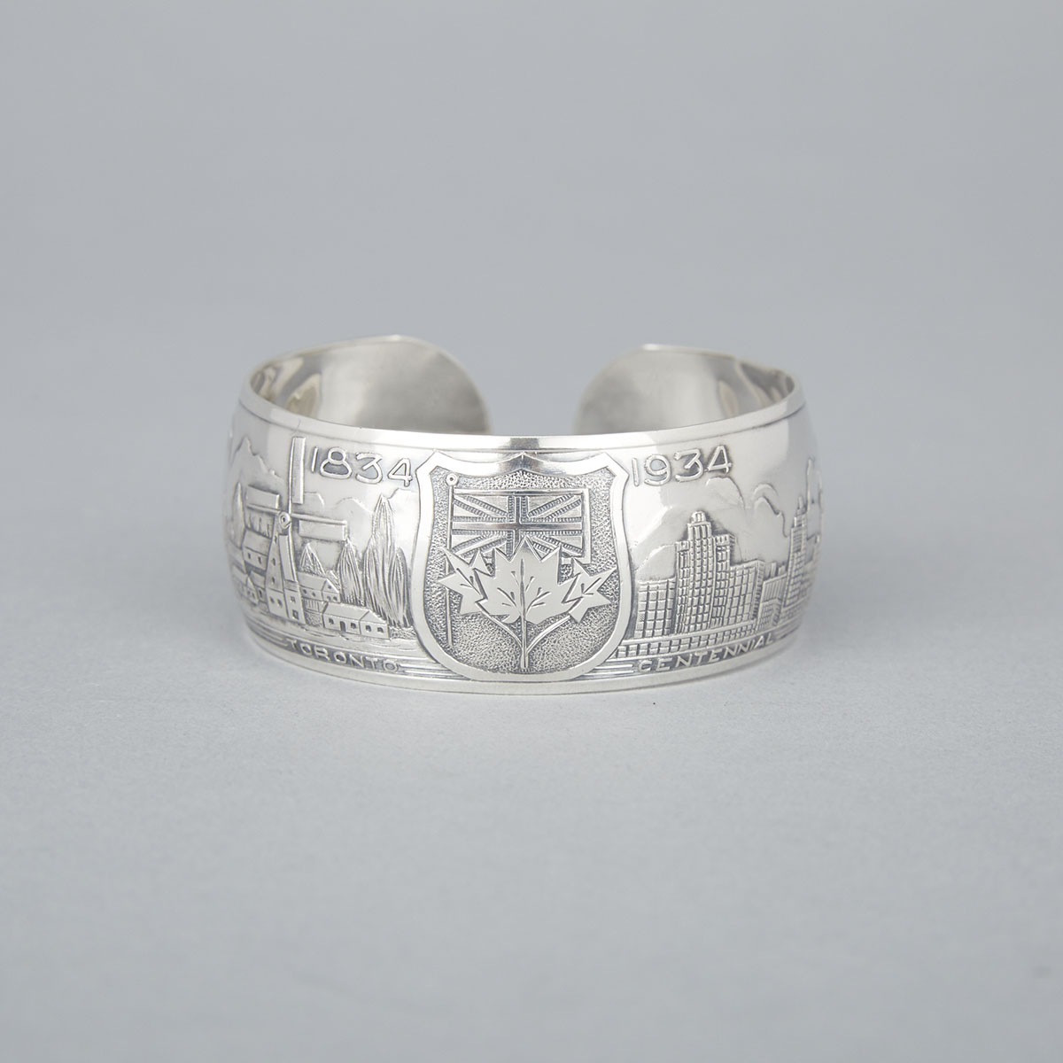 Canadian Silver Toronto Centennial Cuff Bangle, Henry Birks & Sons, Montreal, Que., 1934