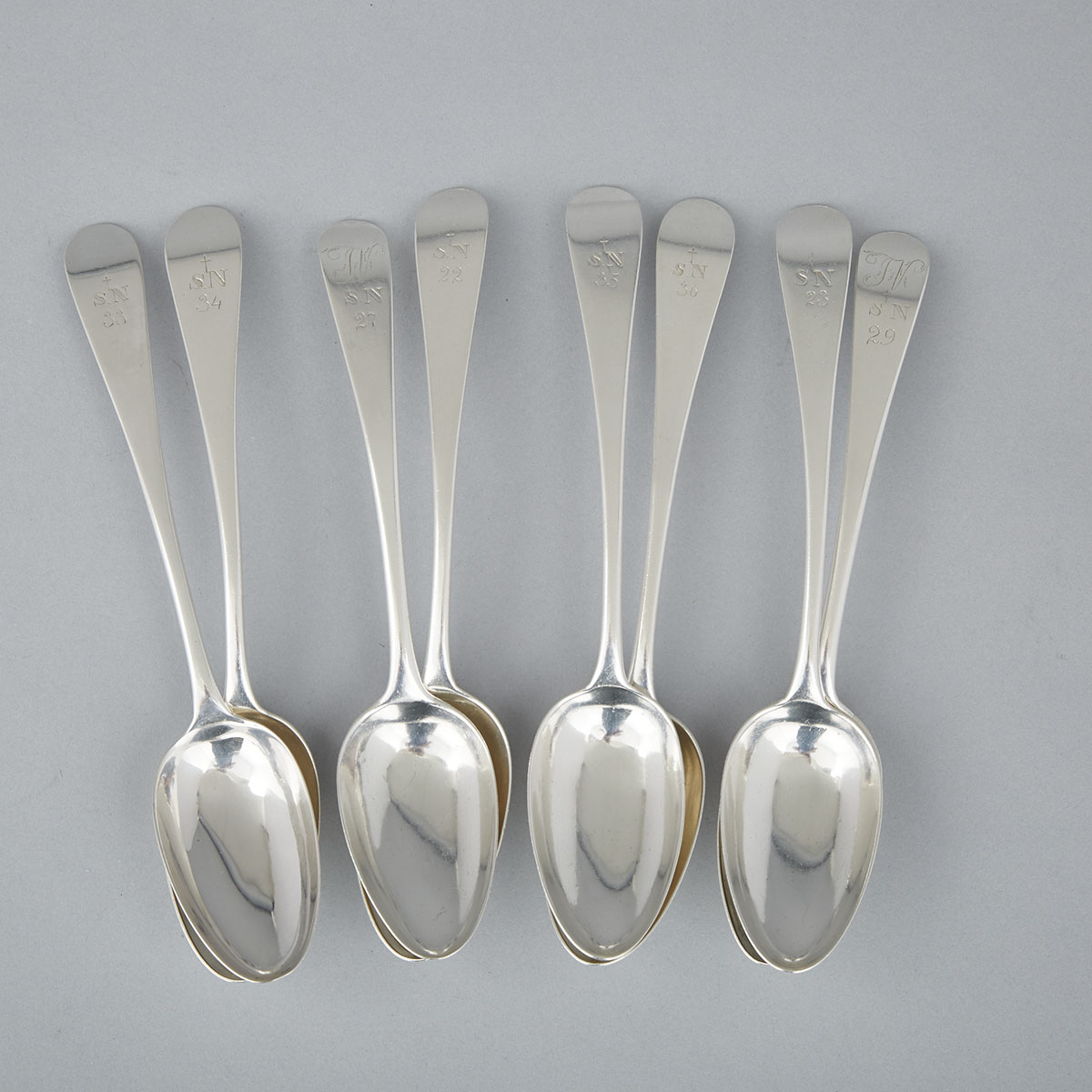 Eight Canadian Silver Old English Pattern Table Spoons, Laurent Amiot, Quebec City, Que., c.1800