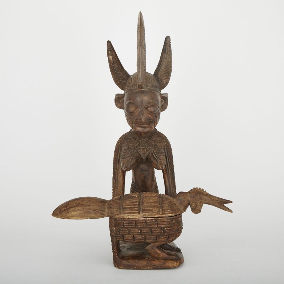 Yoruba Female Figure Holding a Chicken Form Lidded Vessel, West Africa