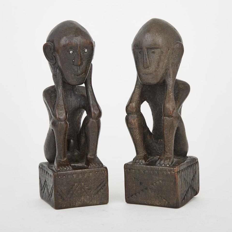 Two Dayak Carved Wood Seated Figures, Borneo, Indonesia 