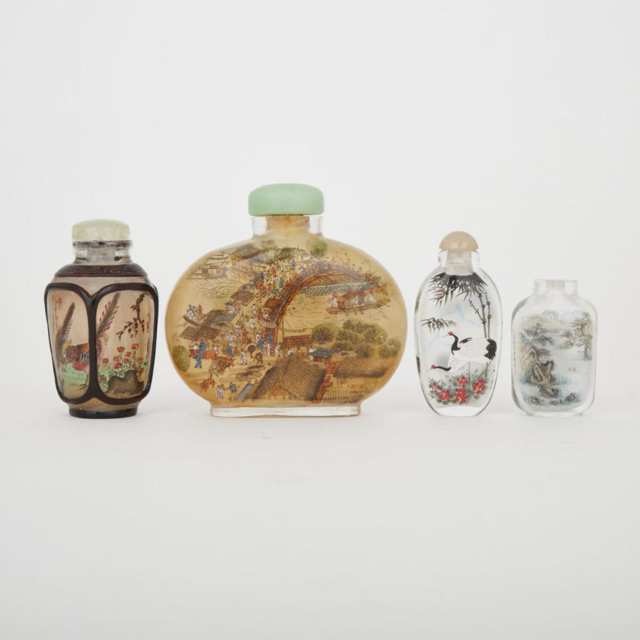 A Group of Four Interior Glass Painted Snuff Bottles