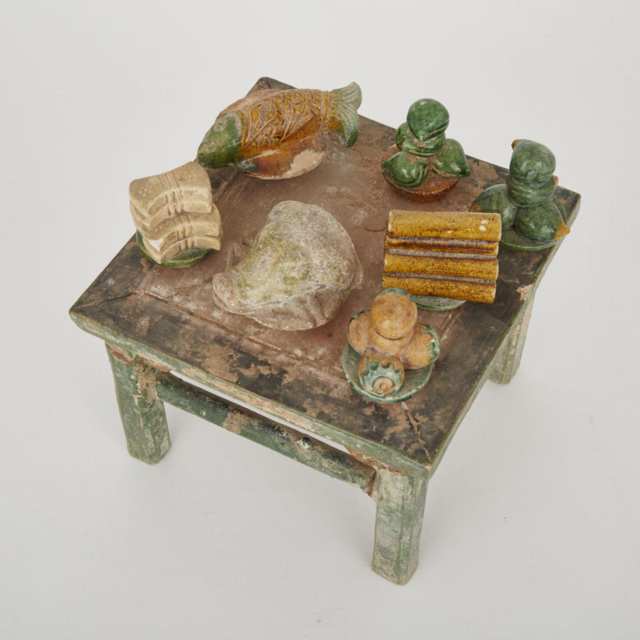 A Sancai Glazed Pottery Model of Table with Offering, Ming Dynasty