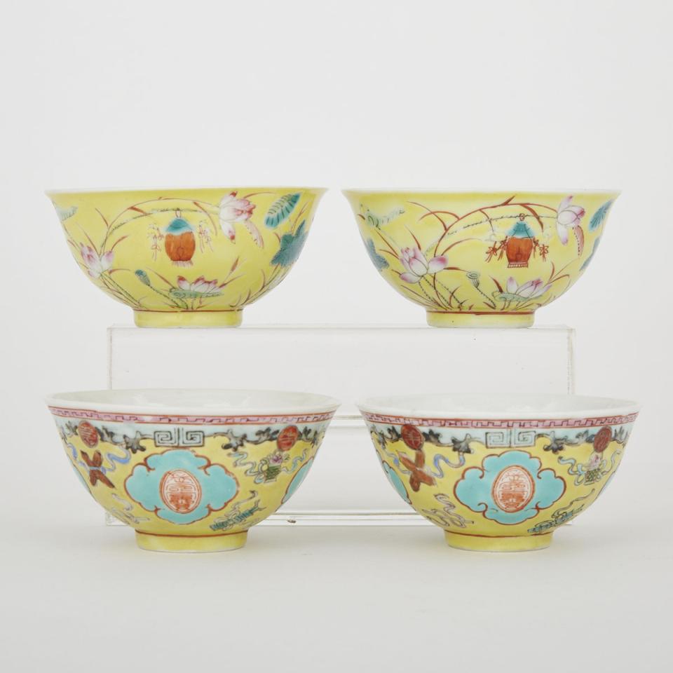 A  Group of Four Yellow Famille Rose Bowls