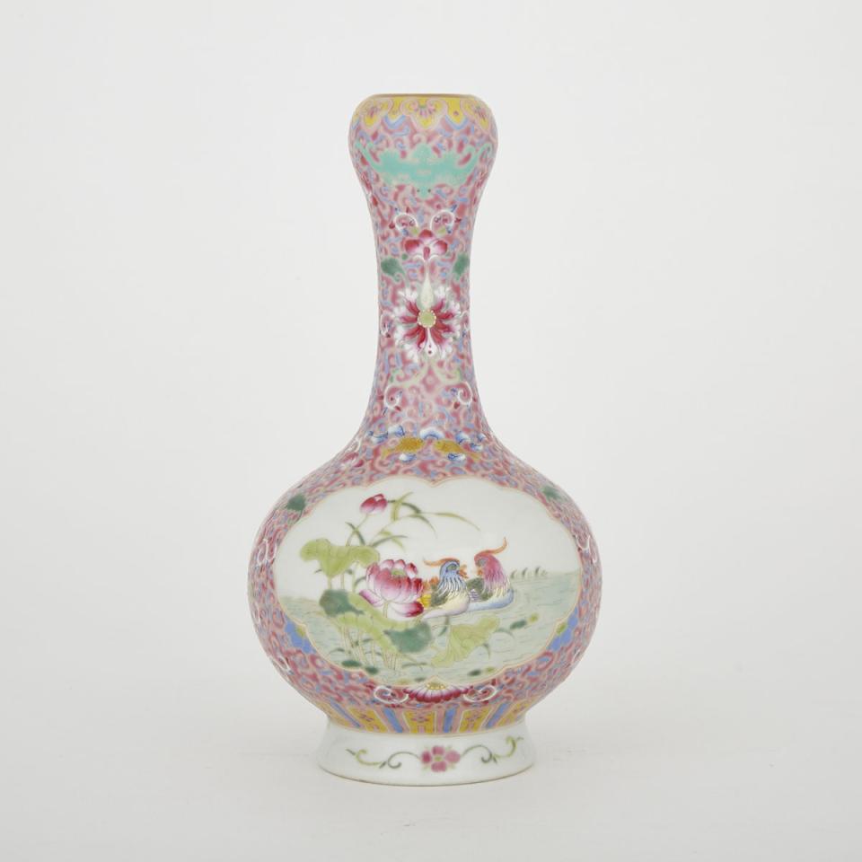 A Garlic-mouth Famille Rose Vase, Qianlong Mark