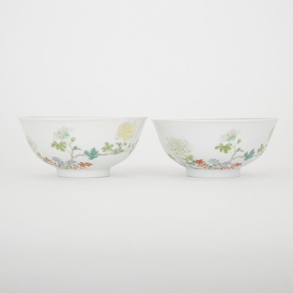 A Pair of Enamel Floral Bowls, Qianlong Mark, Early 20th Century