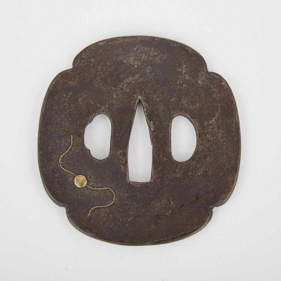 A Large Japanese Mokko Form Mixed Metal Inlaid Iron Tsuba, 19th Century