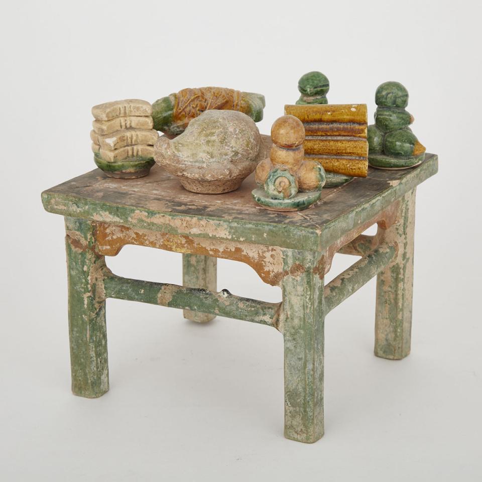 A Sancai Glazed Pottery Model of Table with Offering, Ming Dynasty