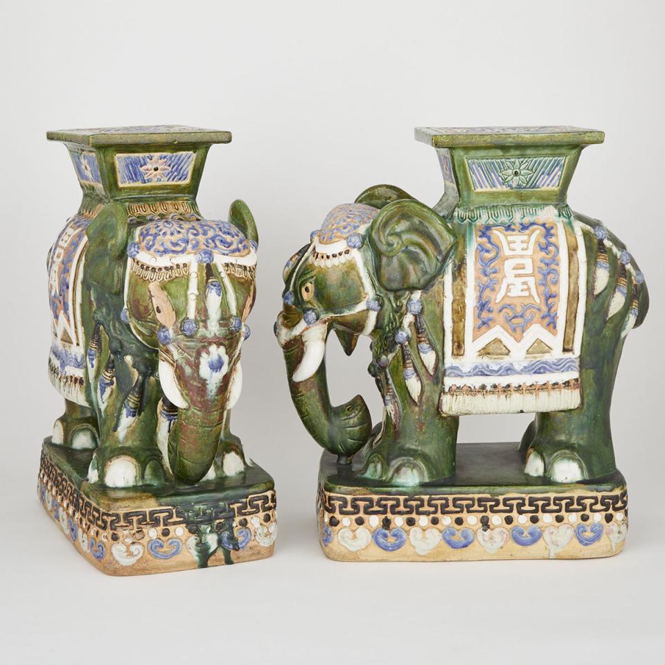 A Pair of Large Painted Ceramic Elephant-Form Plant Stands, Mid-20th Century