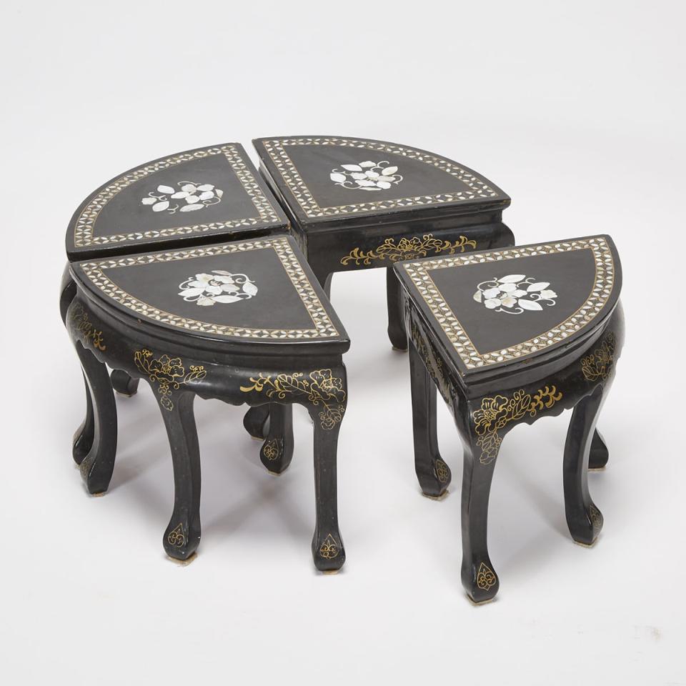 A Set of Four Black Lacquer Stools with Mother-of-Pearl Inlays, 20th Century
