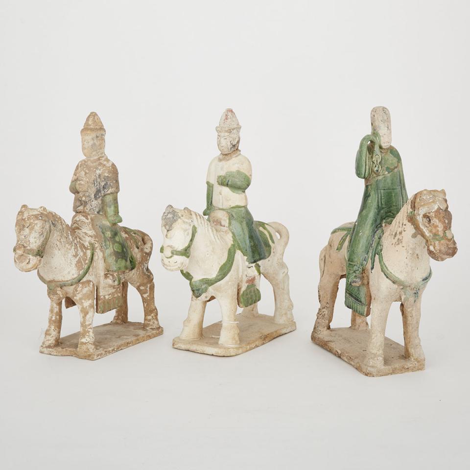 A Group of Three Sancai Glazed Pottery Horse Riders, Ming Dynasty