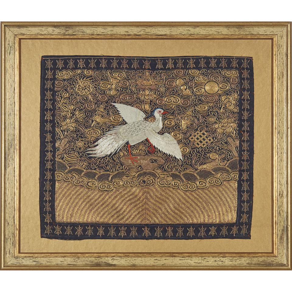 An Embroidered Scholar Rank Badge (Egret), 19th Century