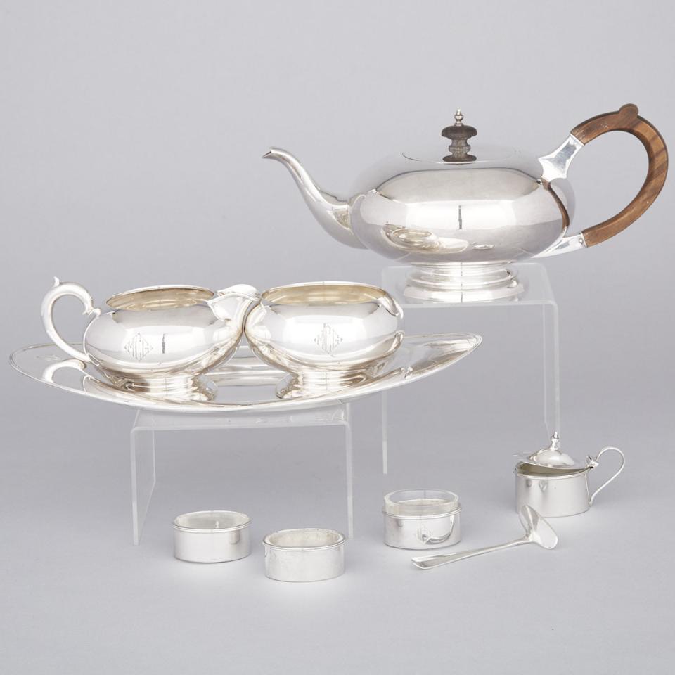 Canadian Silver Three-Piece Tea Service, Bread Tray, Four-Piece Condiment Set and a Baby’s Pusher, Roden Bros., Toronto, Ont., 20th century