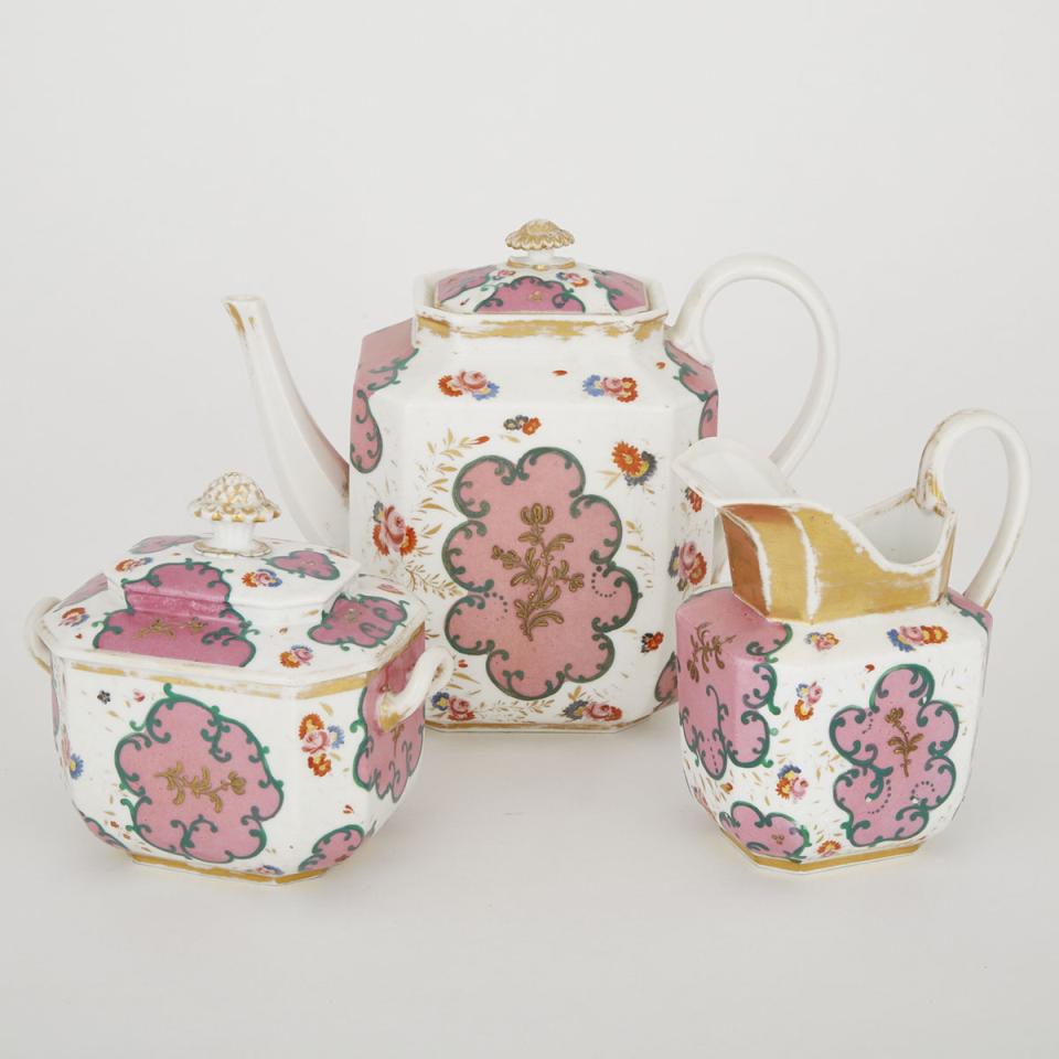 Paris Porcelain Teapot, Cream Jug and Sugar Basin, 19th century