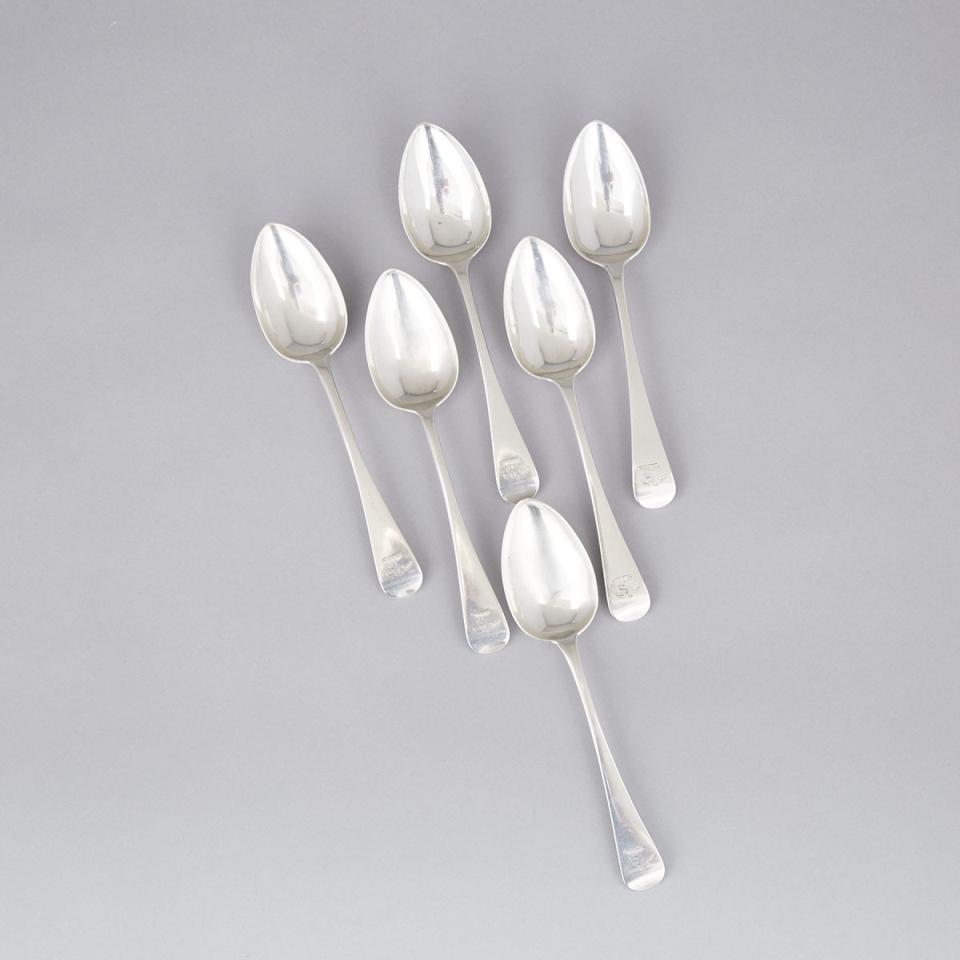 Six George IV Silver Old English Pattern Dessert Spoons, Sarah & John William Blake, London, 1821