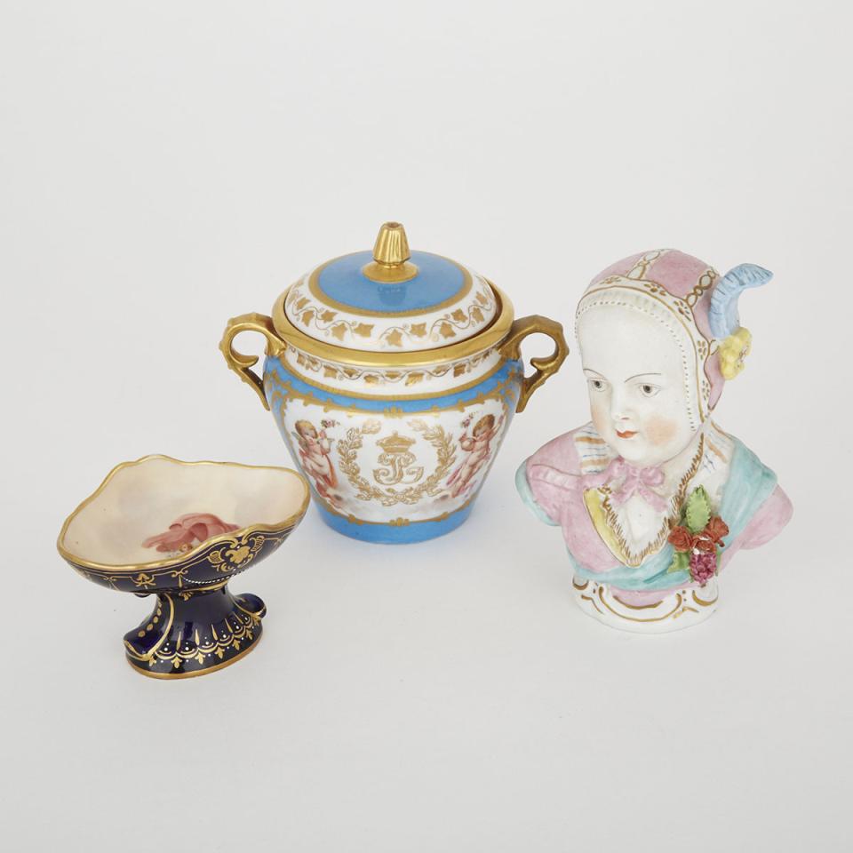 ‘Sèvres’ Covered Sugar Basin, ‘Vienna’ Salt Sellar and Thuringian Porcelain Bust of a Child, c.1900