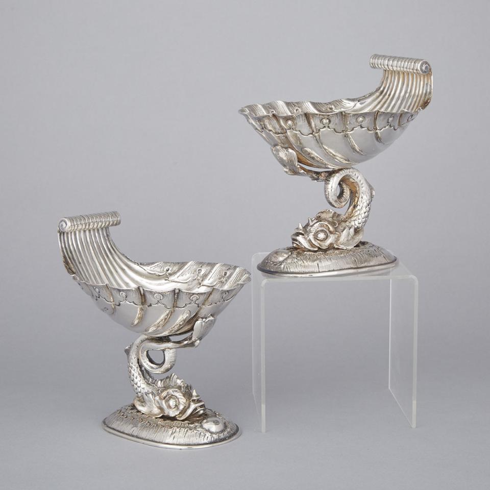 Pair of Silver Plated Shell and Dolphin Form Sweetmeat Dishes, c.1900