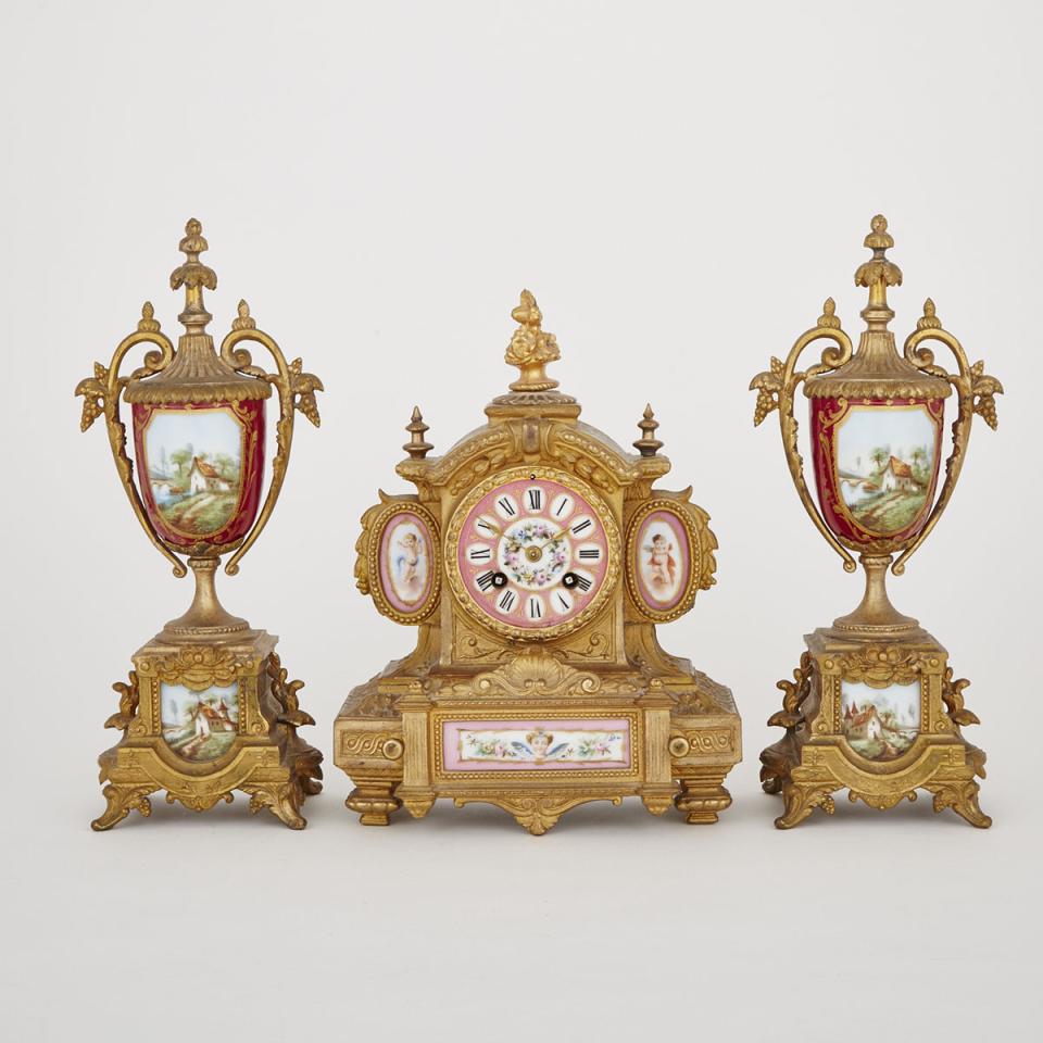 Napoleon III Sevres Style Porcelain Gilt Metal French Clock Garniture, c.1870