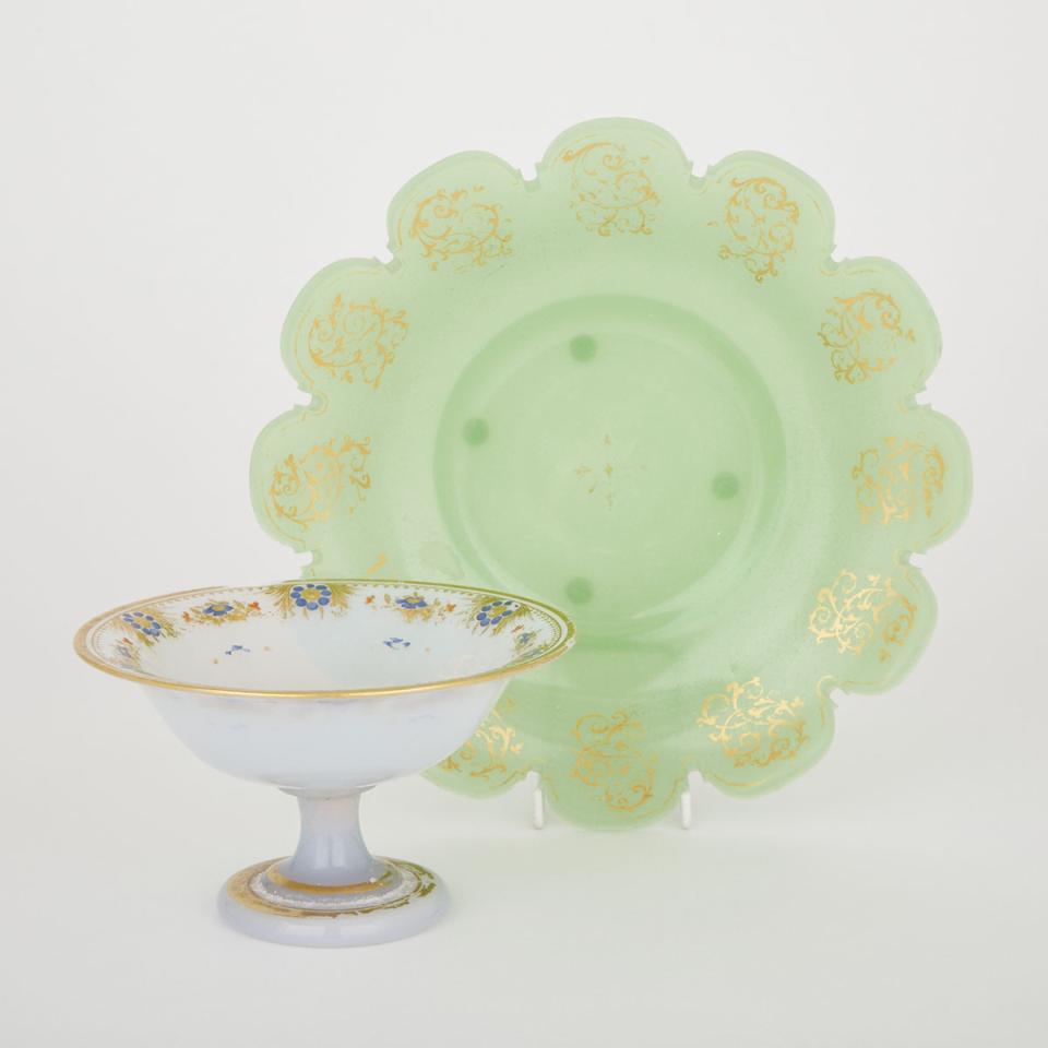French Gilt and Enamel Decorated Opaline Glass Footed Bowl and a Lobed Dish, 19th century